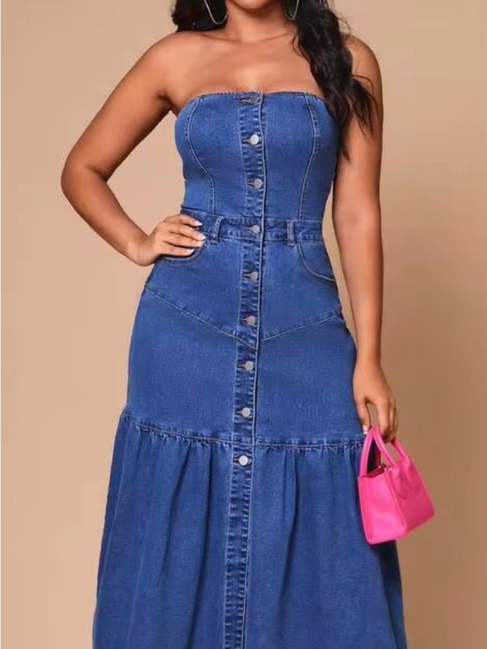 1X Strapless SHEIN Button-Front Denim Midi Dress with Pockets